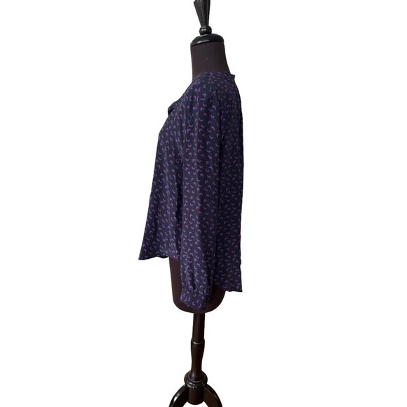 Amour Vert 100% Silk Blouse Navy Multicolor Print Size S Long Sleeve - Picture 2 of 16